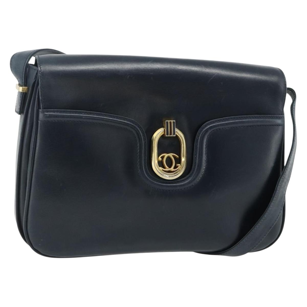 GUCCI Shoulder Bag Leather Navy Gold Auth 177154