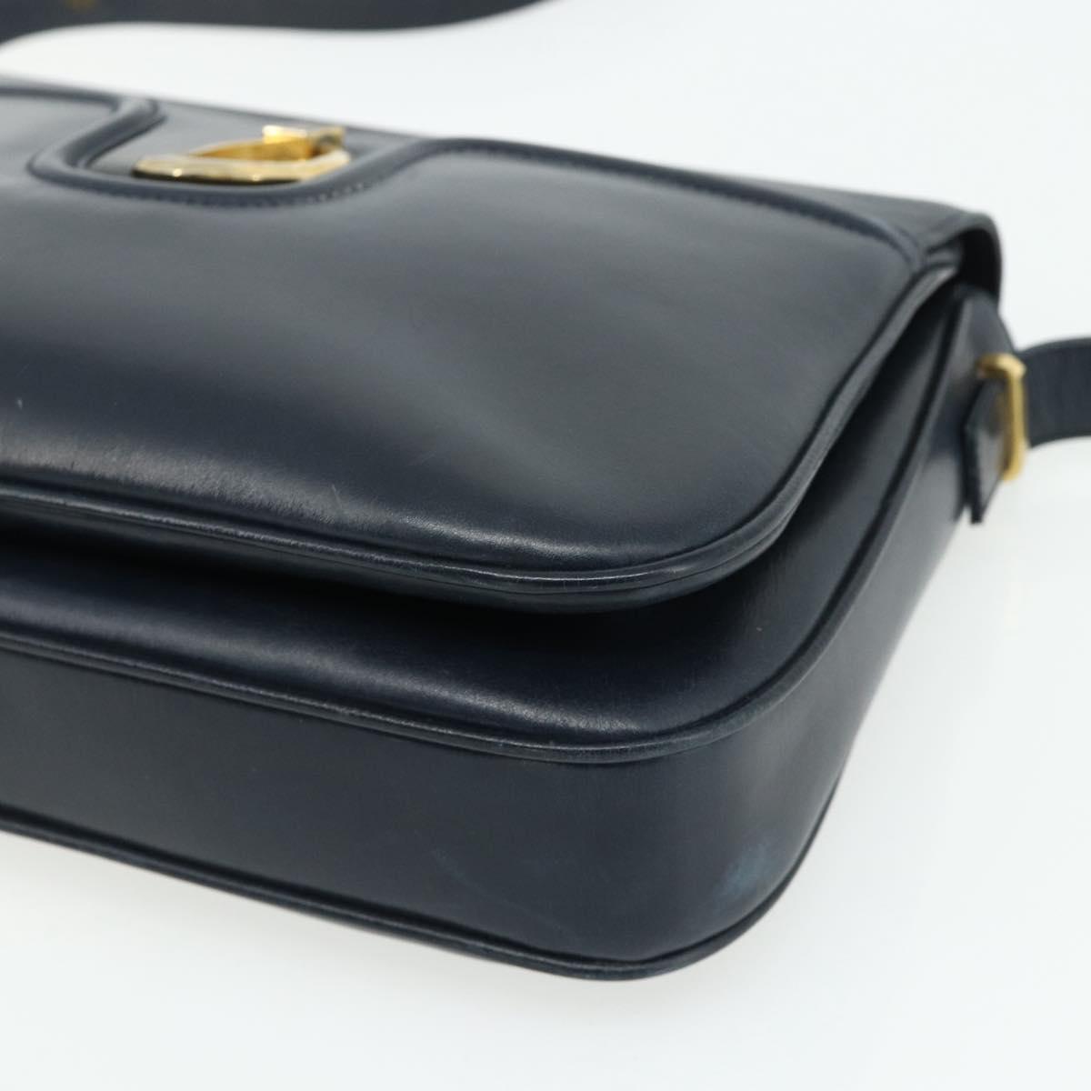 GUCCI Shoulder Bag Leather Navy Gold Auth 177154