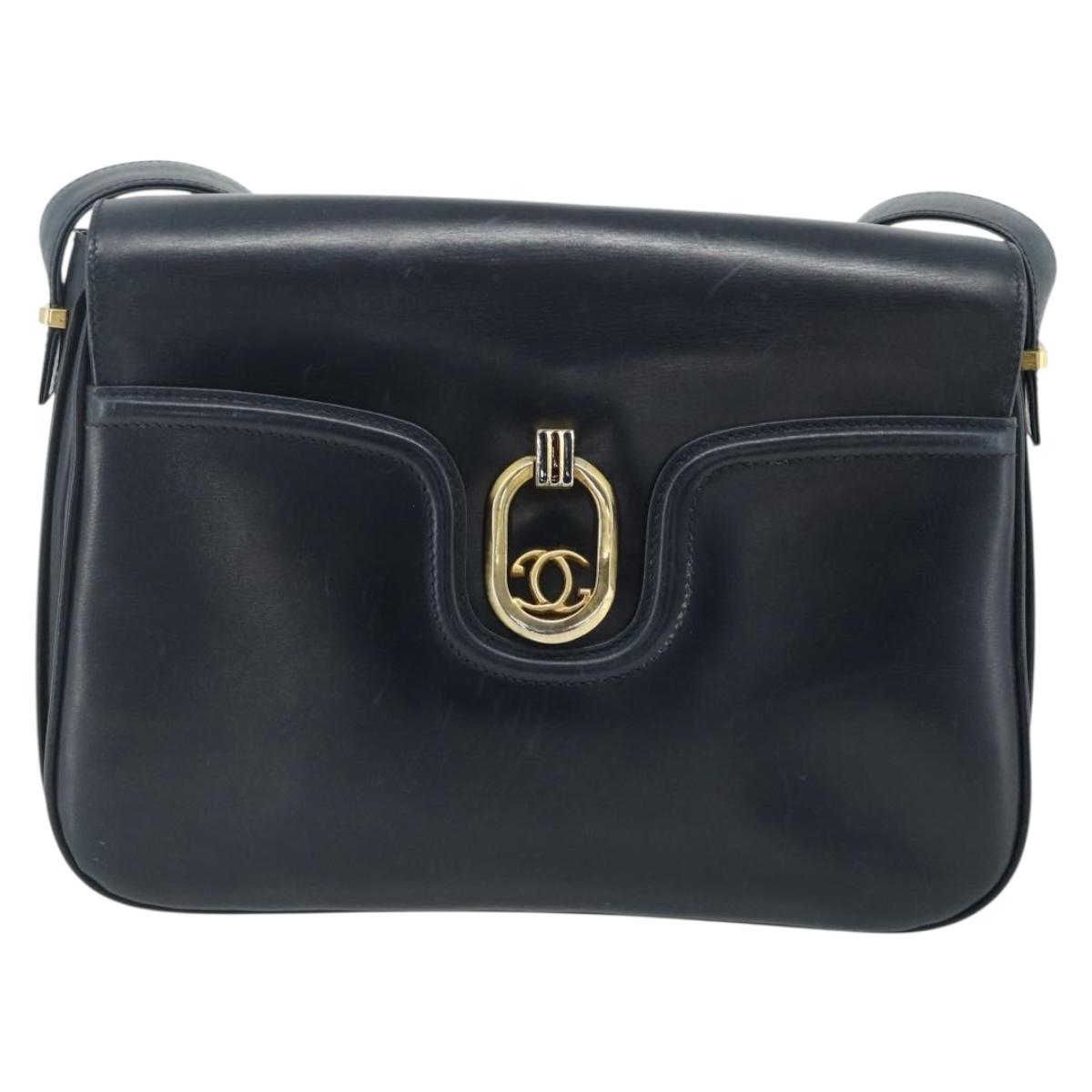 GUCCI Shoulder Bag Leather Navy Gold Auth 177154