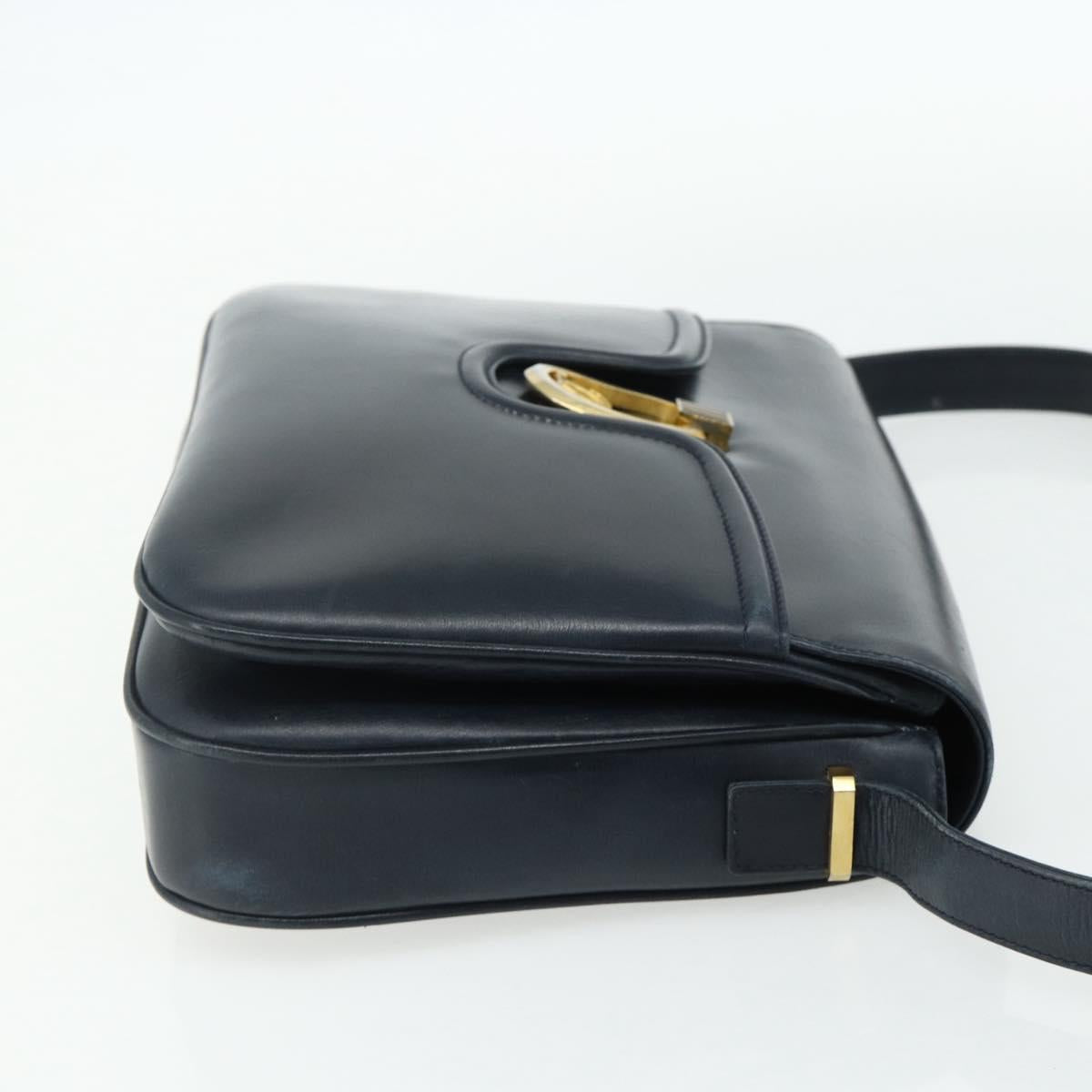GUCCI Shoulder Bag Leather Navy Gold Auth 177154
