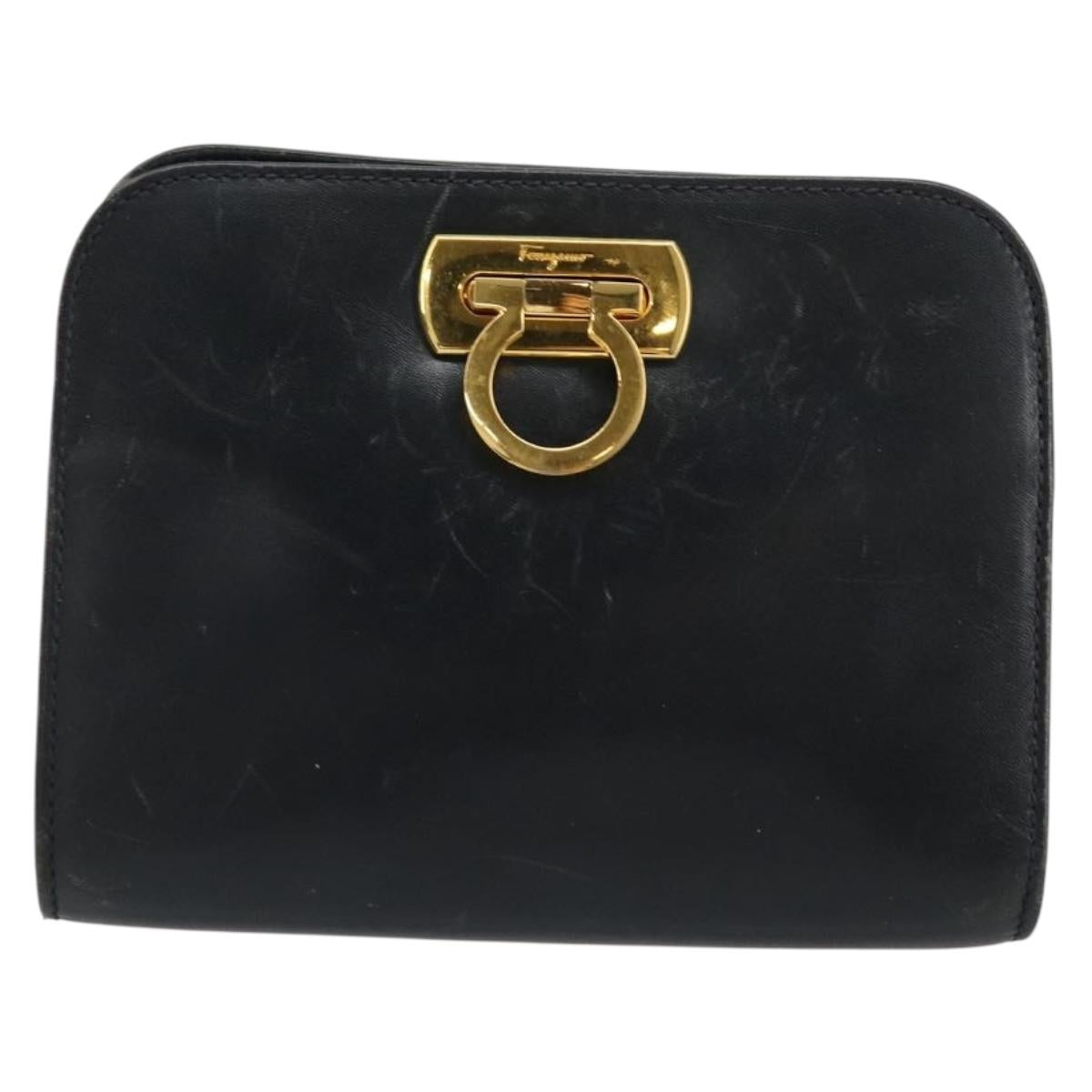 Salvatore Ferragamo Gancini Shoulder Bag Leather Navy Gold Auth 177157