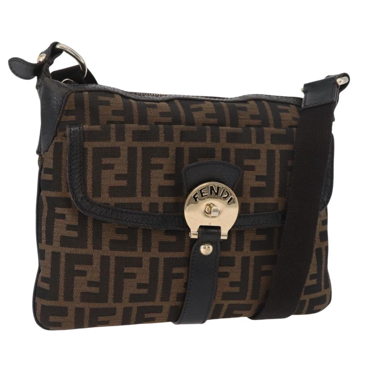 FENDI Zucca Canvas Shoulder Bag Black Brown Auth 177159A