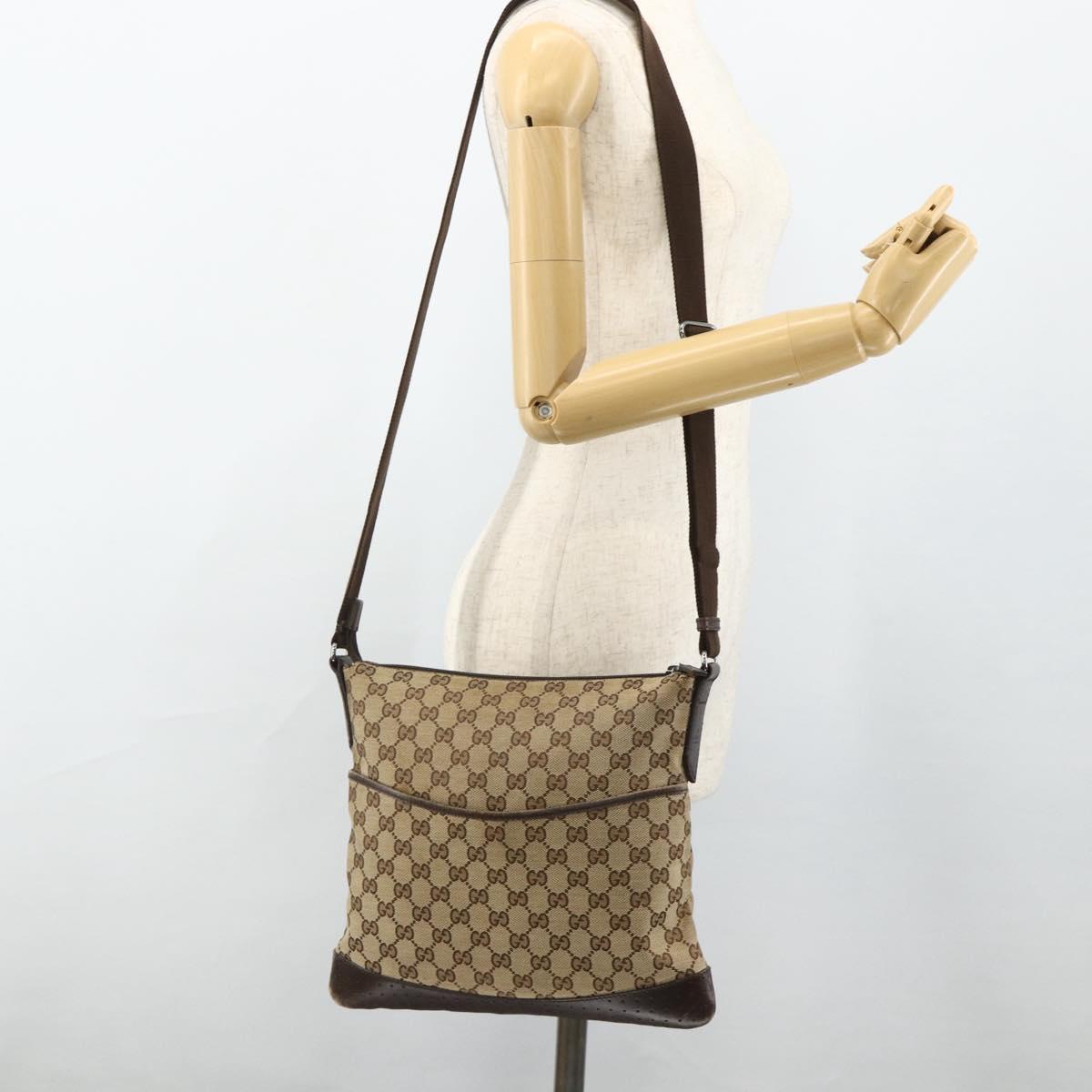 GUCCI GG Canvas Shoulder Bag Beige Silver 145857 Auth 177160