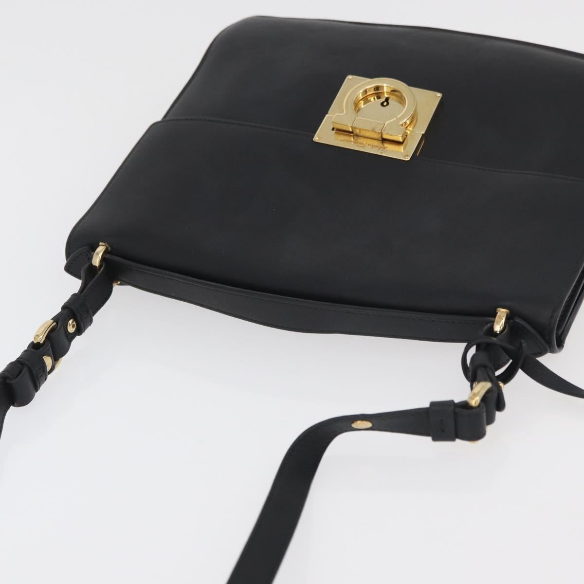 Salvatore Ferragamo Gancini Shoulder Bag Leather Black Gold Auth 177194A
