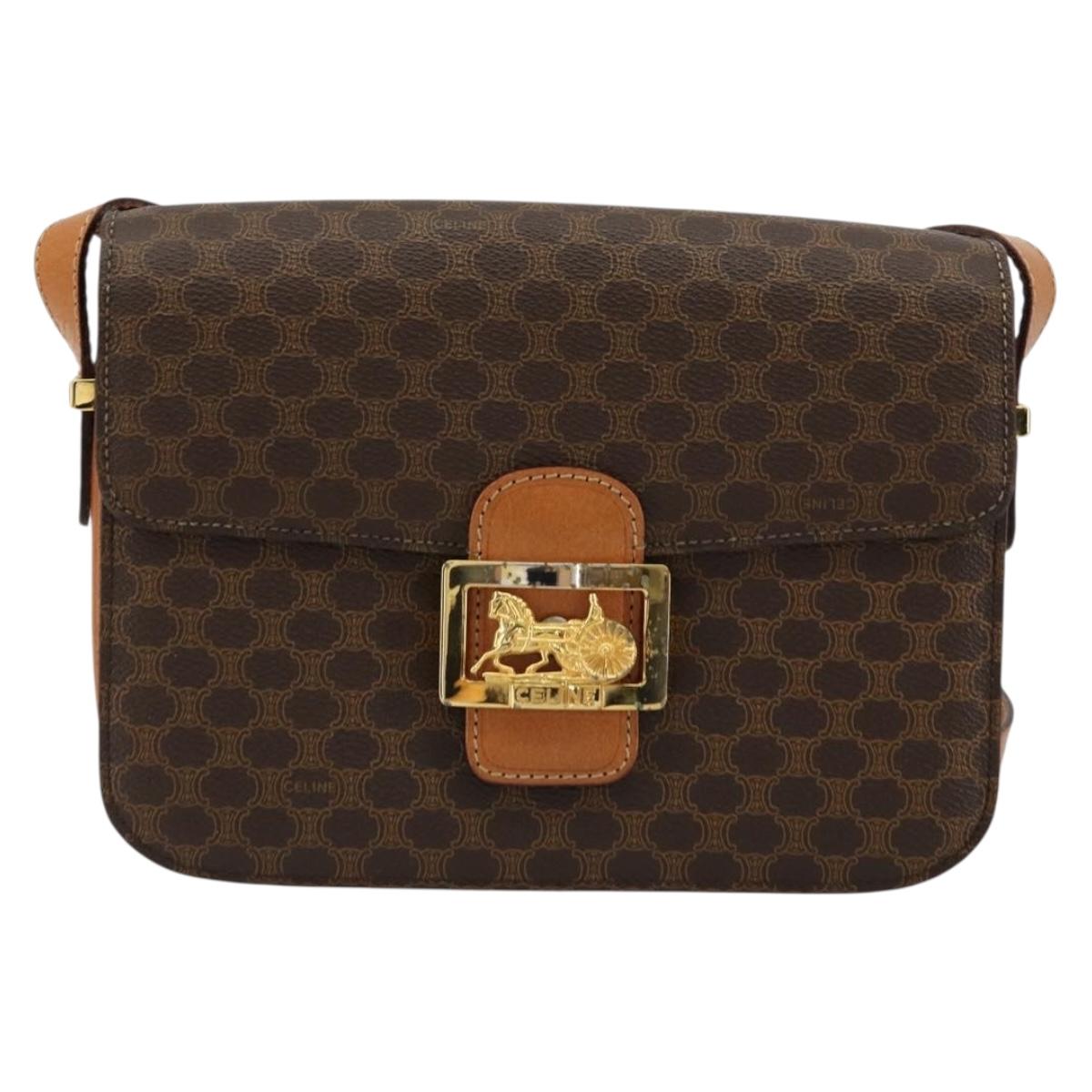 CELINE Macadam Canvas Horse Carriage Bag PVC Leather Brown Gold Auth 177195A