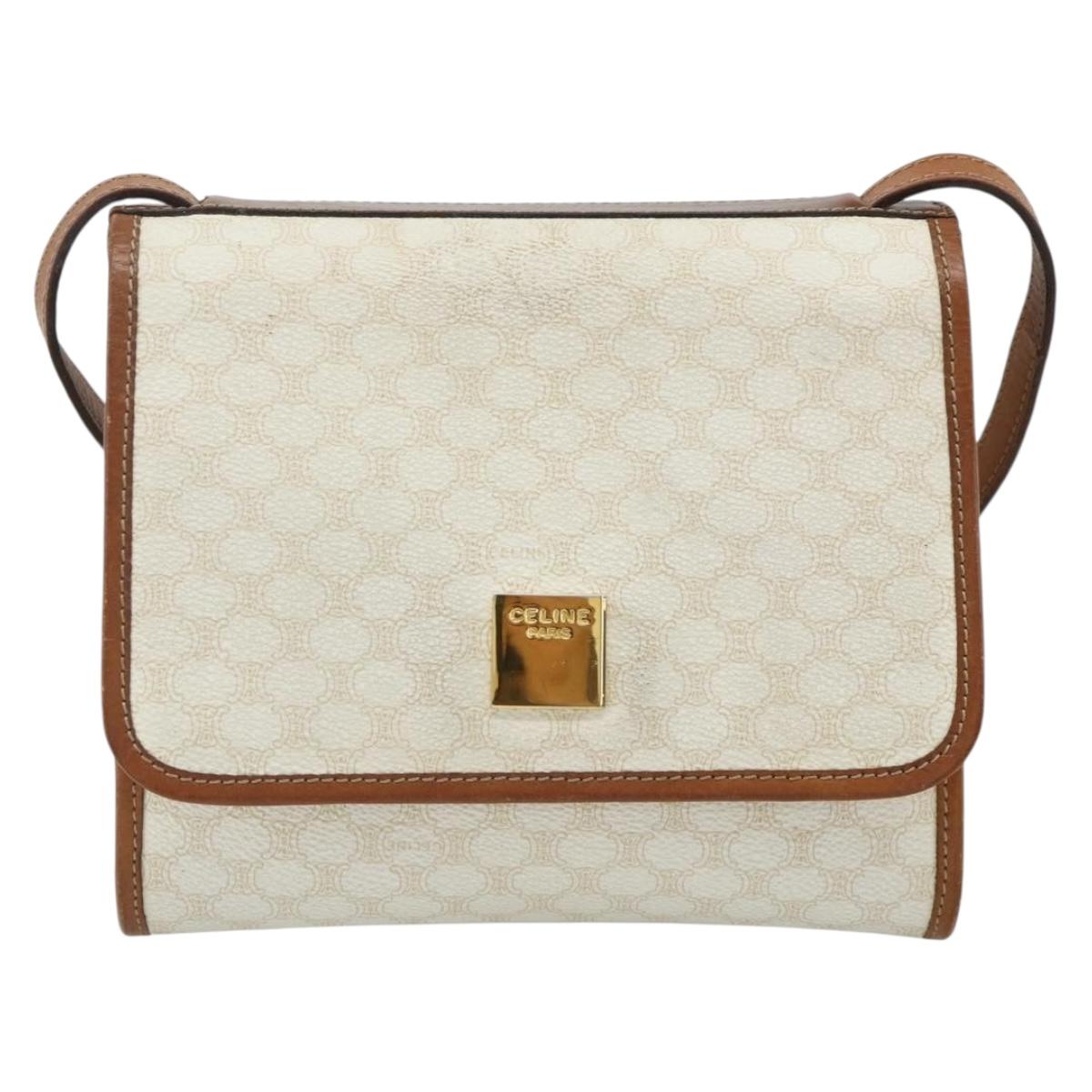 CELINE Macadam Canvas Shoulder Bag PVC Leather White Gold Auth 177197