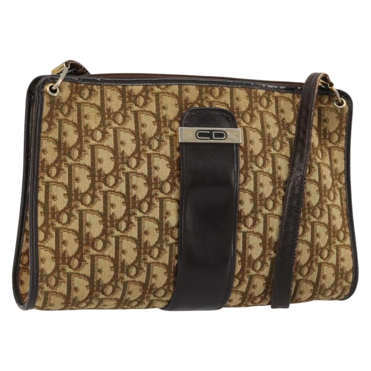 Christian Dior Trotter Canvas Shoulder Bag Beige Gold Auth 177208