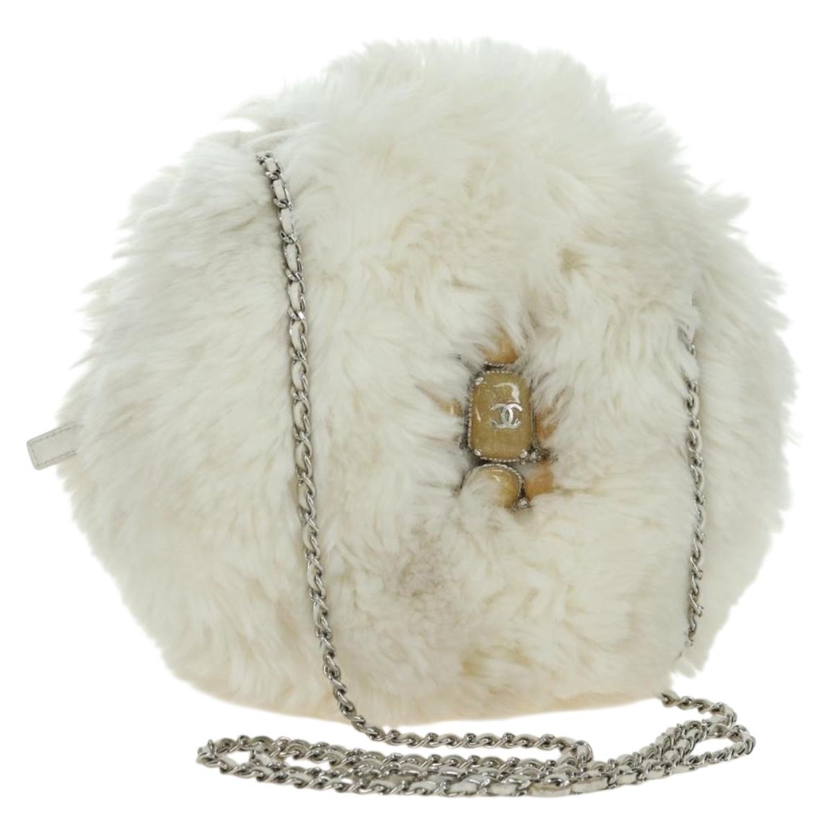 CHANEL Chain Shoulder Bag Fur White Silver CC Auth 177221V