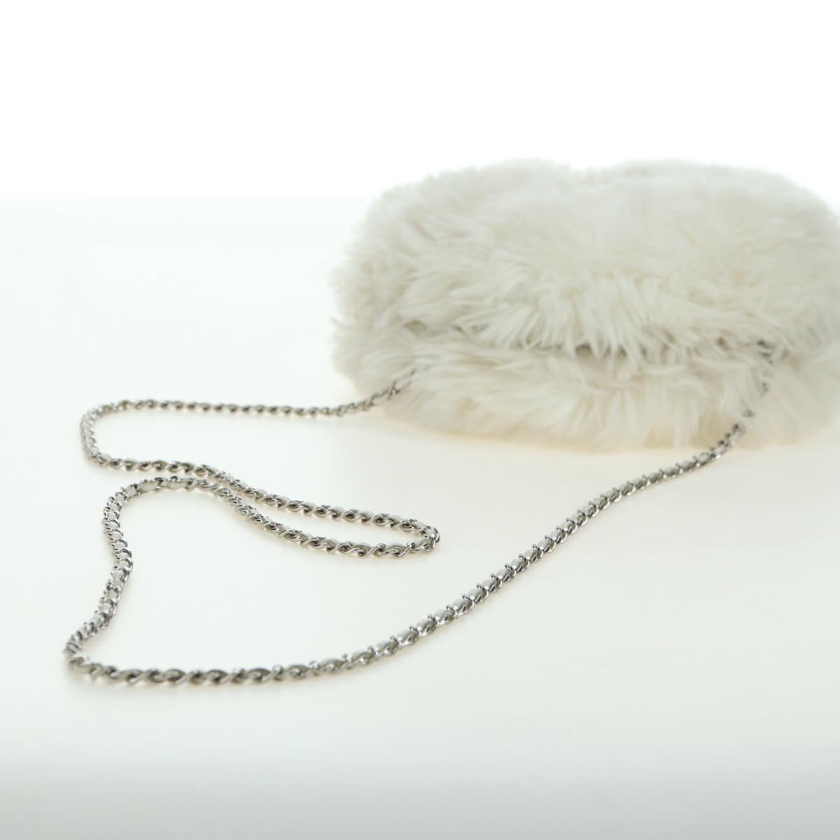 CHANEL Chain Shoulder Bag Fur White Silver CC Auth 177221V
