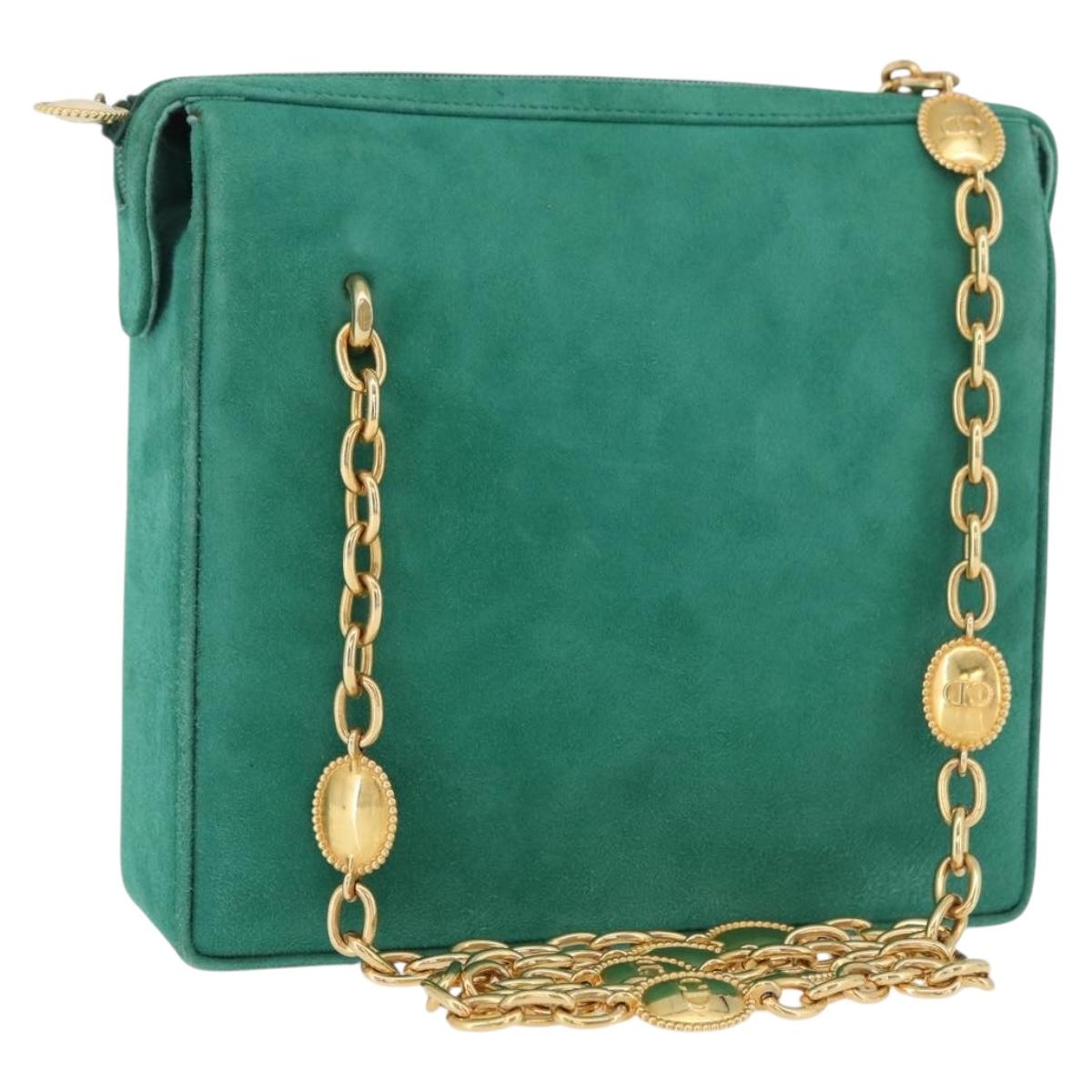 Christian Dior Chain Shoulder Bag Suede Green Gold Auth 177237A
