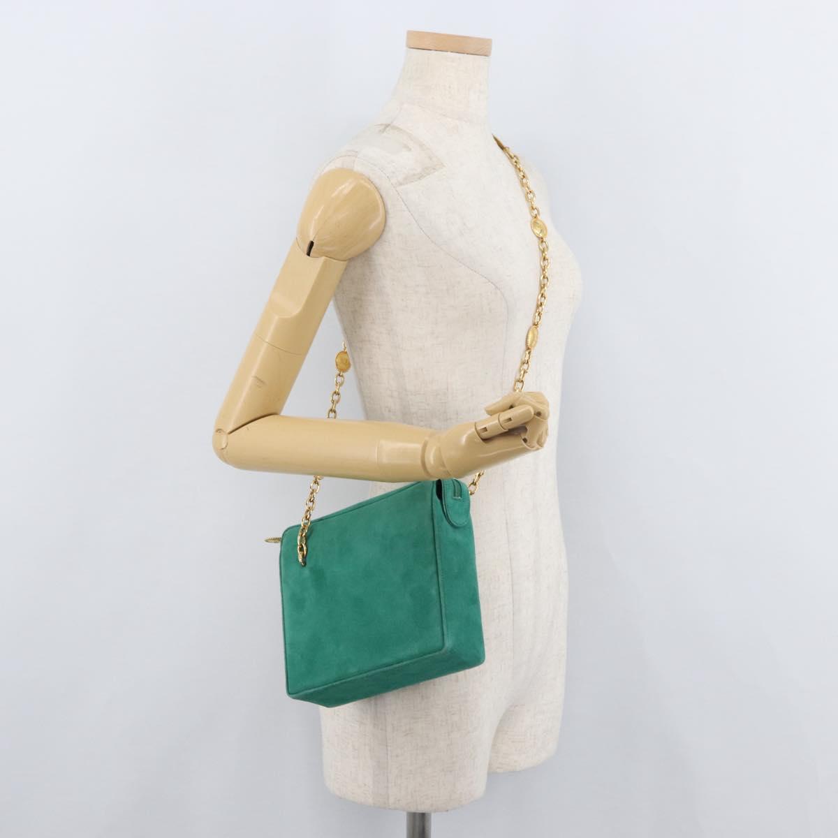 Christian Dior Chain Shoulder Bag Suede Green Gold Auth 177237A