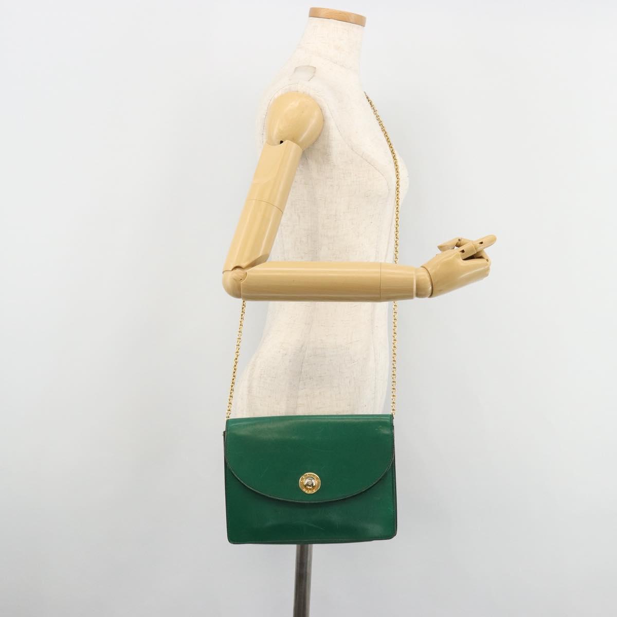 CELINE Chain Shoulder Bag Leather Green Gold Auth 177238A