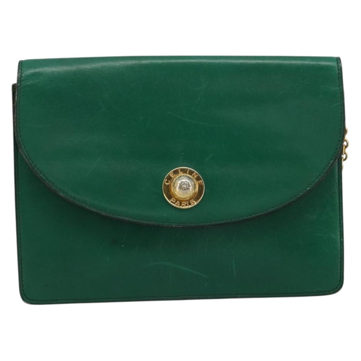 CELINE Chain Shoulder Bag Leather Green Gold Auth 177238A