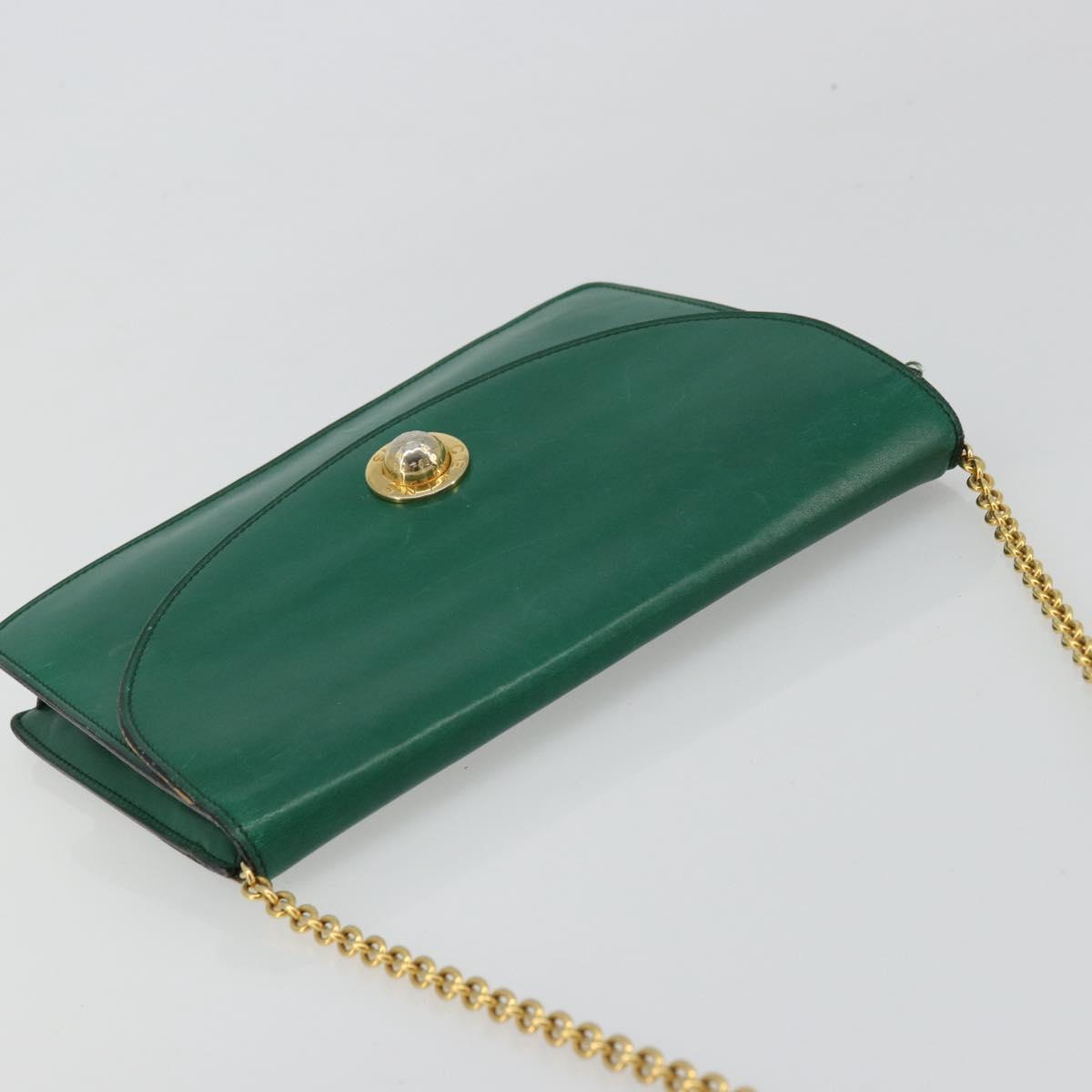 CELINE Chain Shoulder Bag Leather Green Gold Auth 177238A