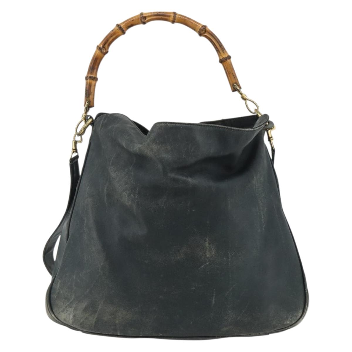 GUCCI Bamboo Shoulder Bag Leather 2way Black Gold Auth 177243