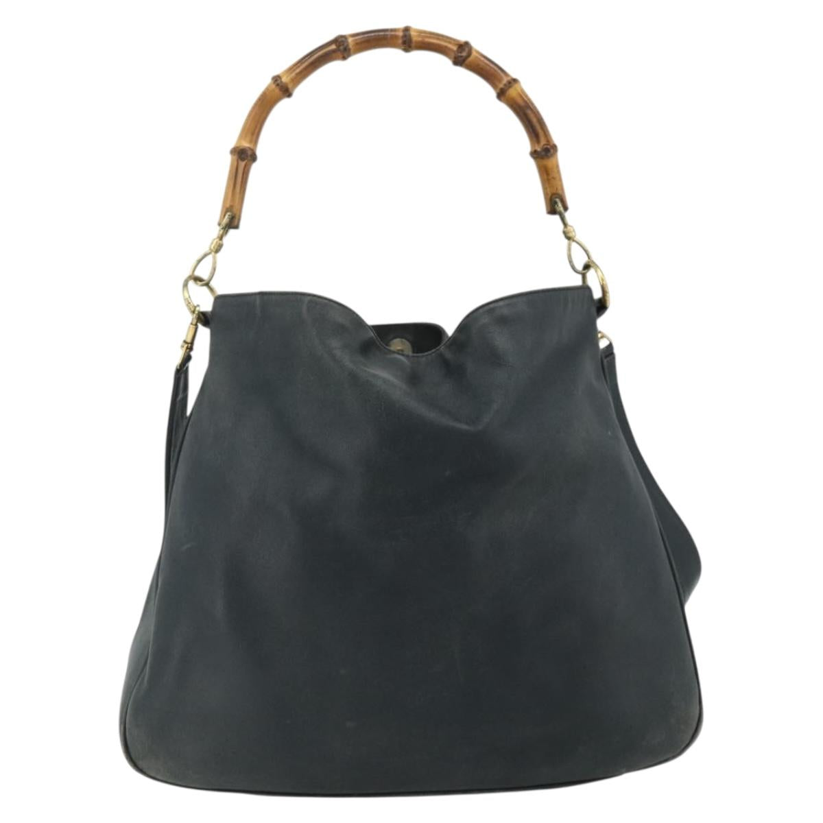 GUCCI Bamboo Shoulder Bag Leather 2way Black Gold Auth 177243