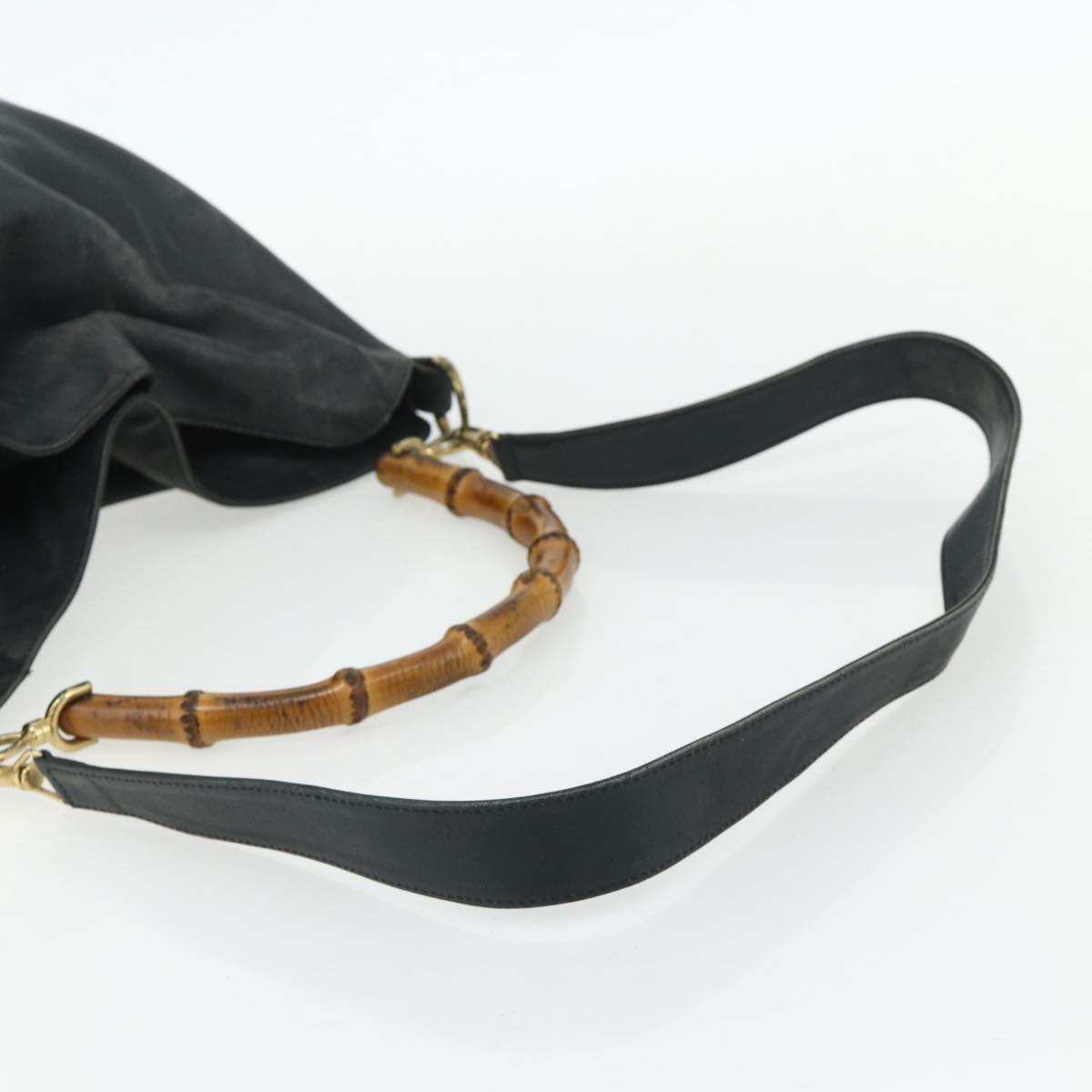 GUCCI Bamboo Shoulder Bag Leather 2way Black Gold Auth 177243