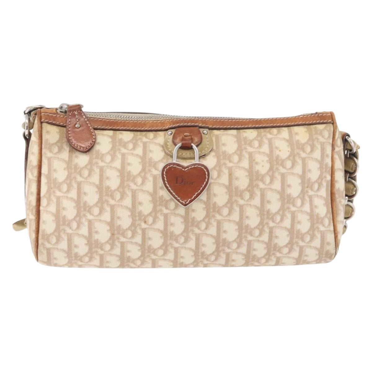 Christian Dior Trotter Canvas Romantic Shoulder Bag PVC Beige Silver Auth 177266