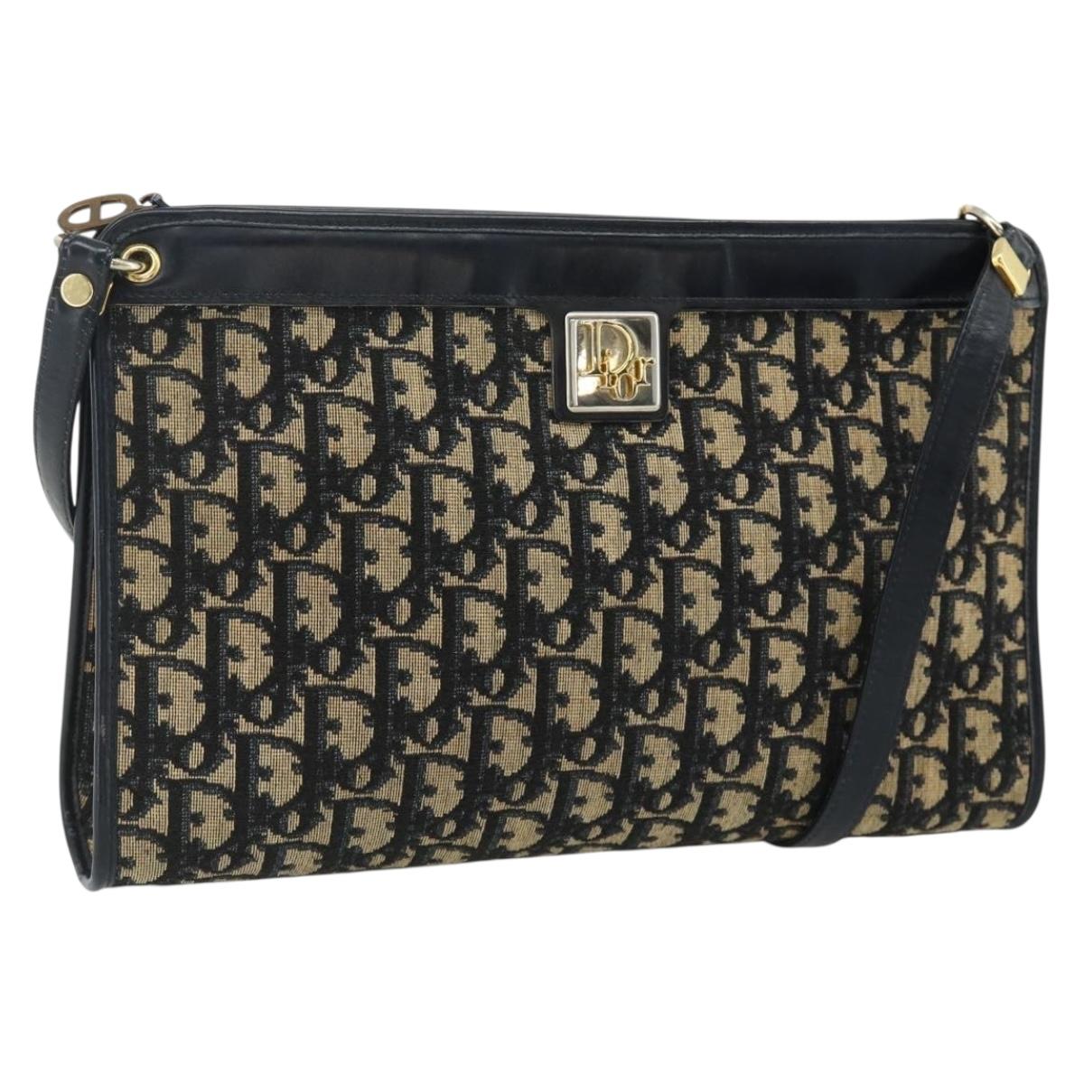 Christian Dior Trotter Canvas Shoulder Bag Navy Gold Auth 177267A
