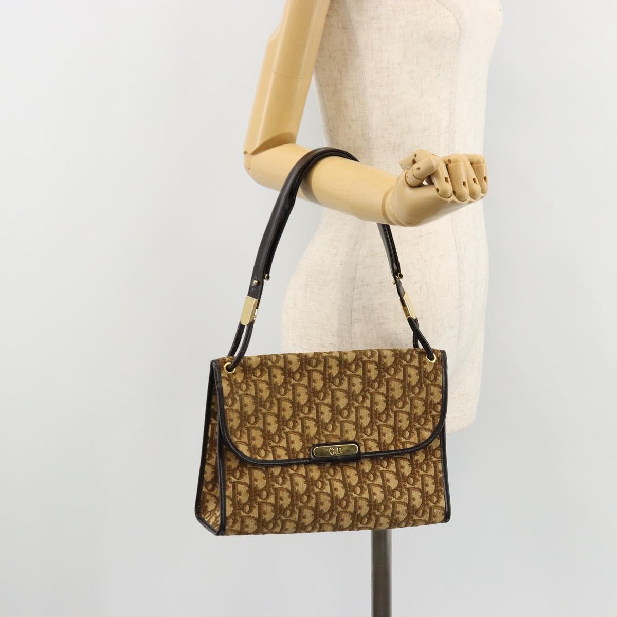 Christian Dior Trotter Canvas Shoulder Bag Beige Gold Auth 177276A