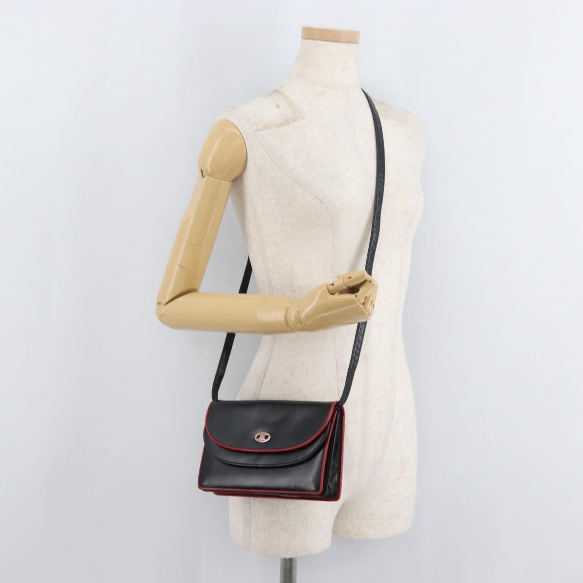 CELINE Double Flap Shoulder Bag Leather Black Gold Auth 177277A