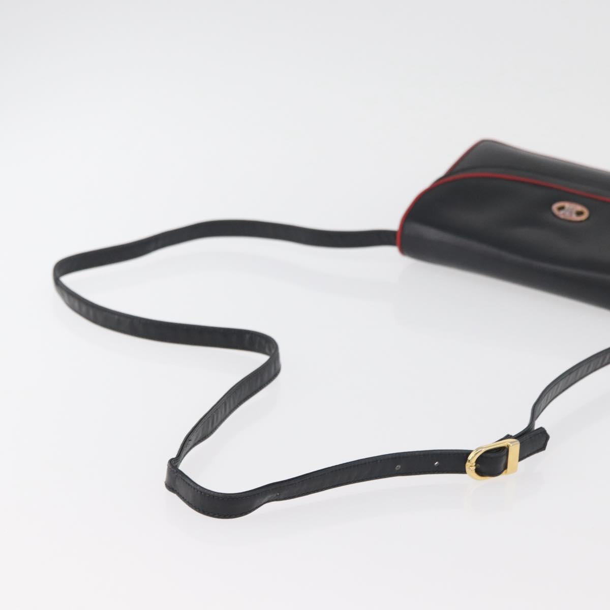 CELINE Double Flap Shoulder Bag Leather Black Gold Auth 177277A