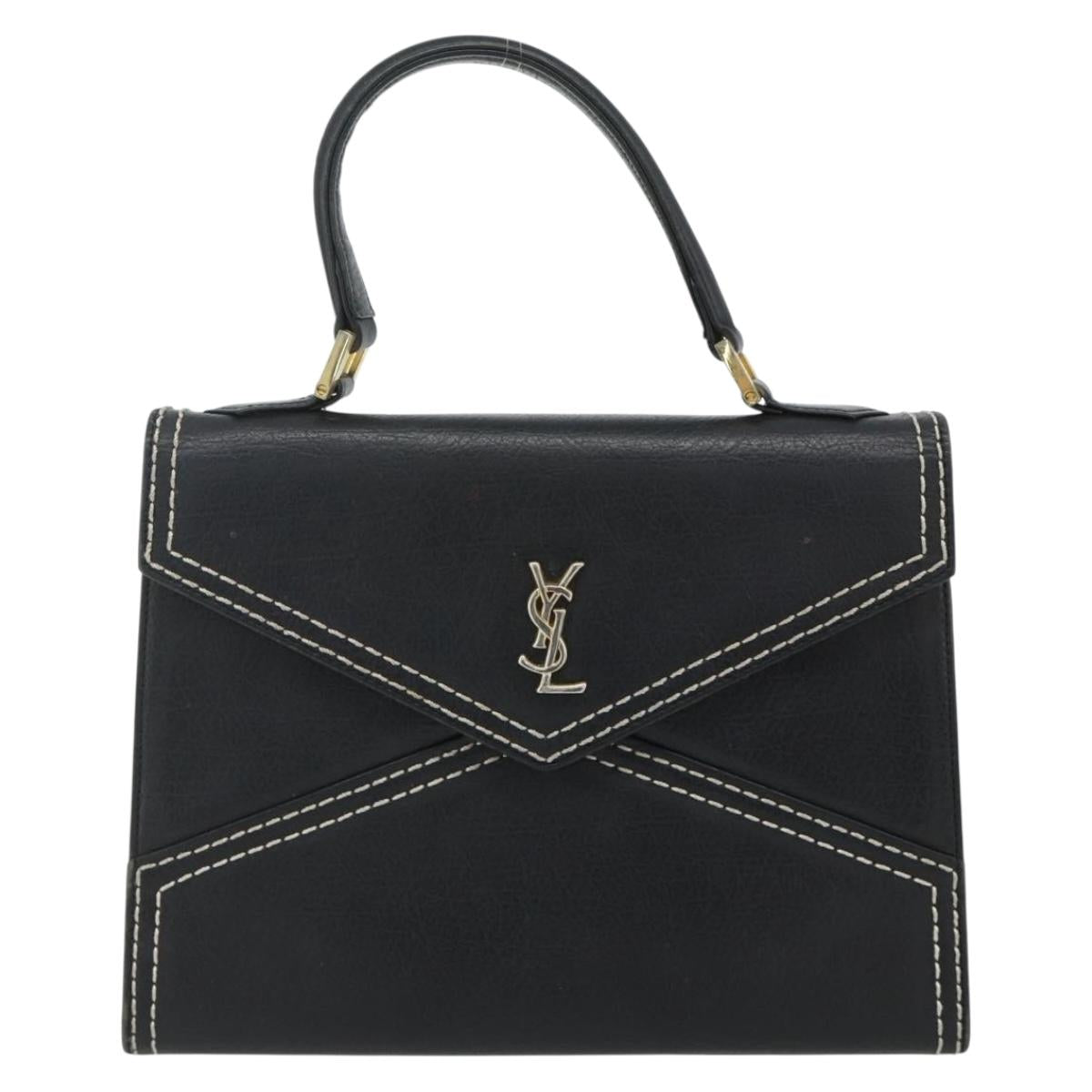 SAINT LAURENT Hand Bag Leather Black Gold Auth 177280A