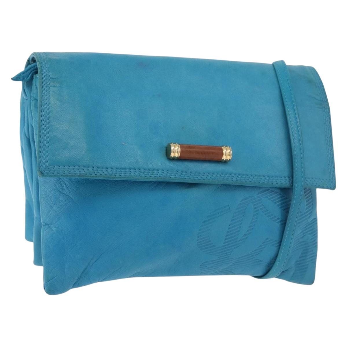 LOEWE Anagram Shoulder Bag Leather Turquoise Blue Gold Auth 177303