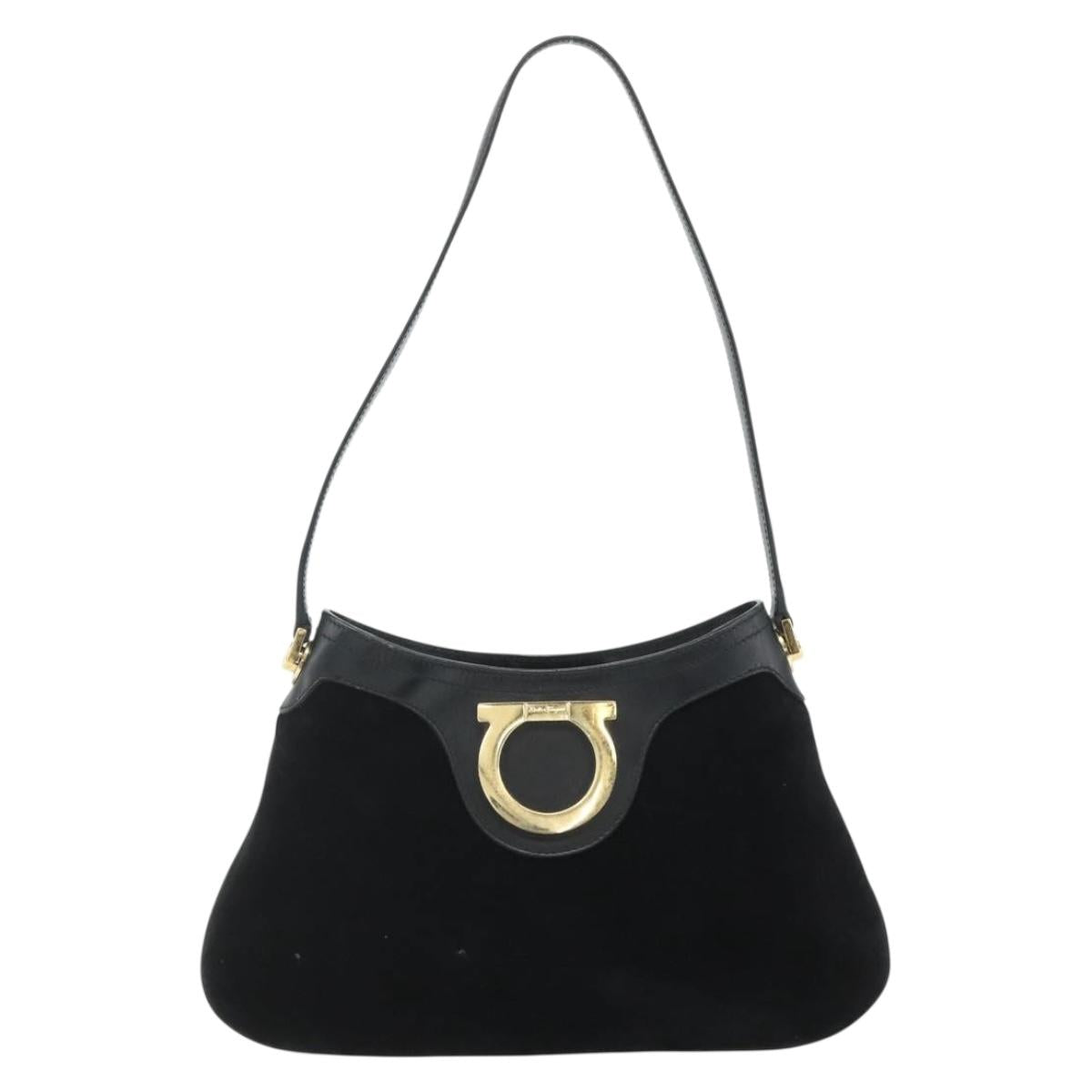 Salvatore Ferragamo Gancini Shoulder Bag Suede Black Gold Auth 177304A