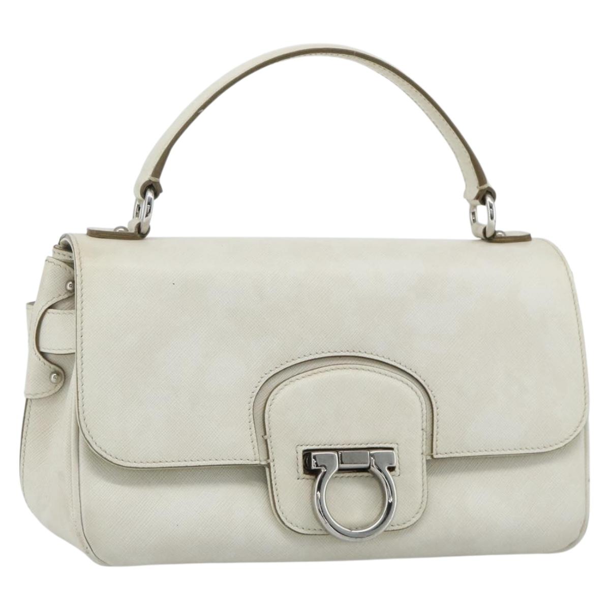 Salvatore Ferragamo Gancini Hand Bag Leather White Silver Auth 177310A