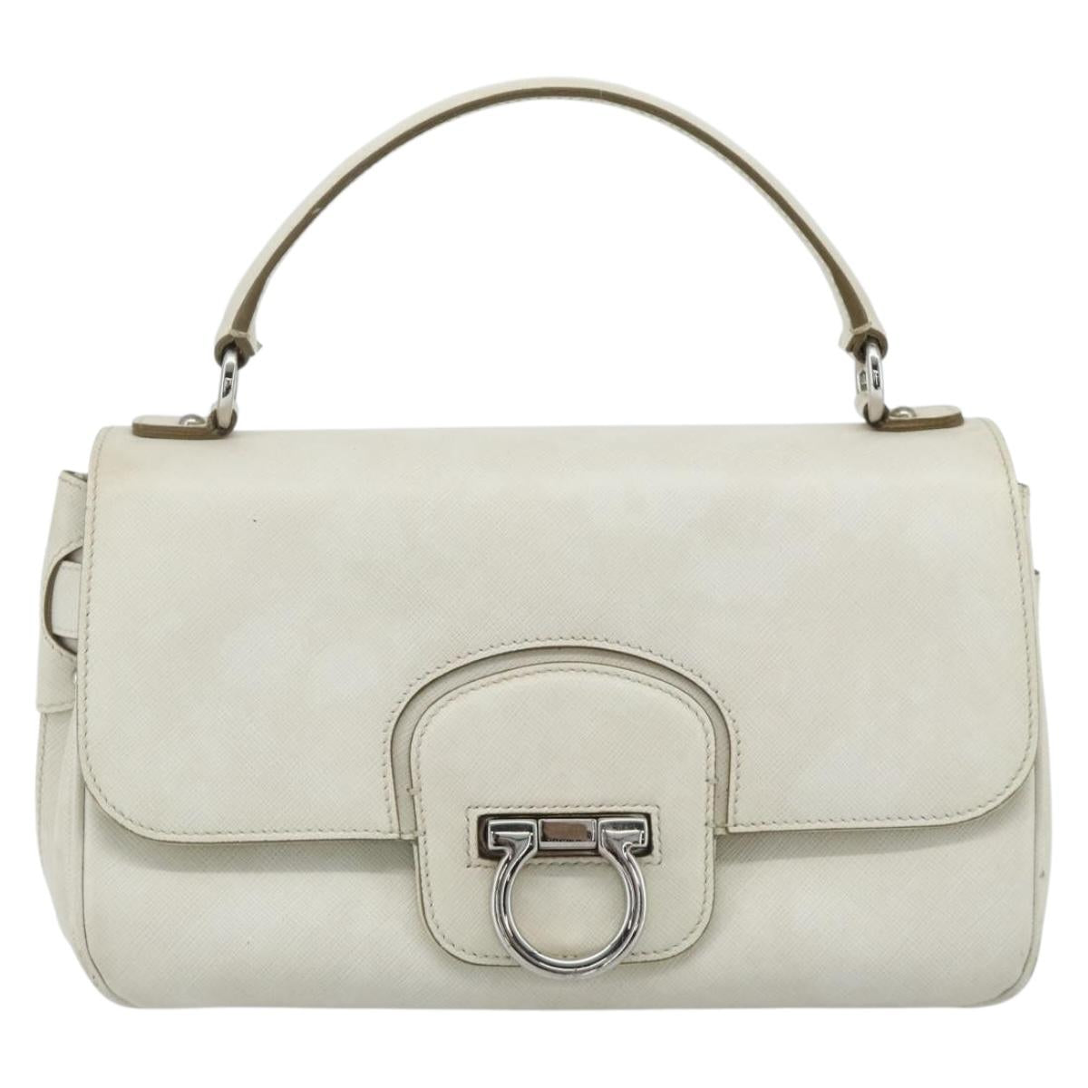 Salvatore Ferragamo Gancini Hand Bag Leather White Silver Auth 177310A