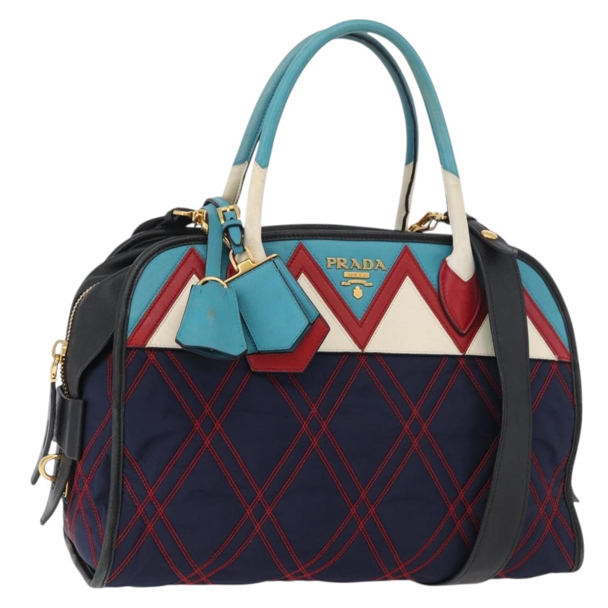 PRADA Graphic Quilt Hand Bag Leather Nylon 2way Navy Gold Auth 177317A