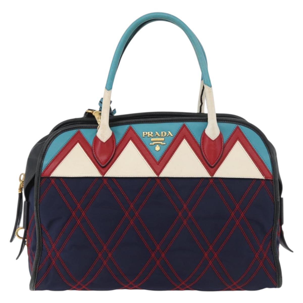 PRADA Graphic Quilt Hand Bag Leather Nylon 2way Navy Gold Auth 177317A