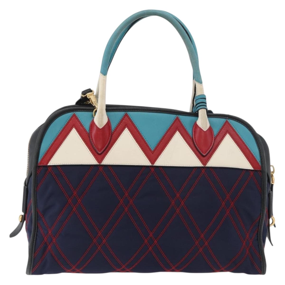 PRADA Graphic Quilt Hand Bag Leather Nylon 2way Navy Gold Auth 177317A