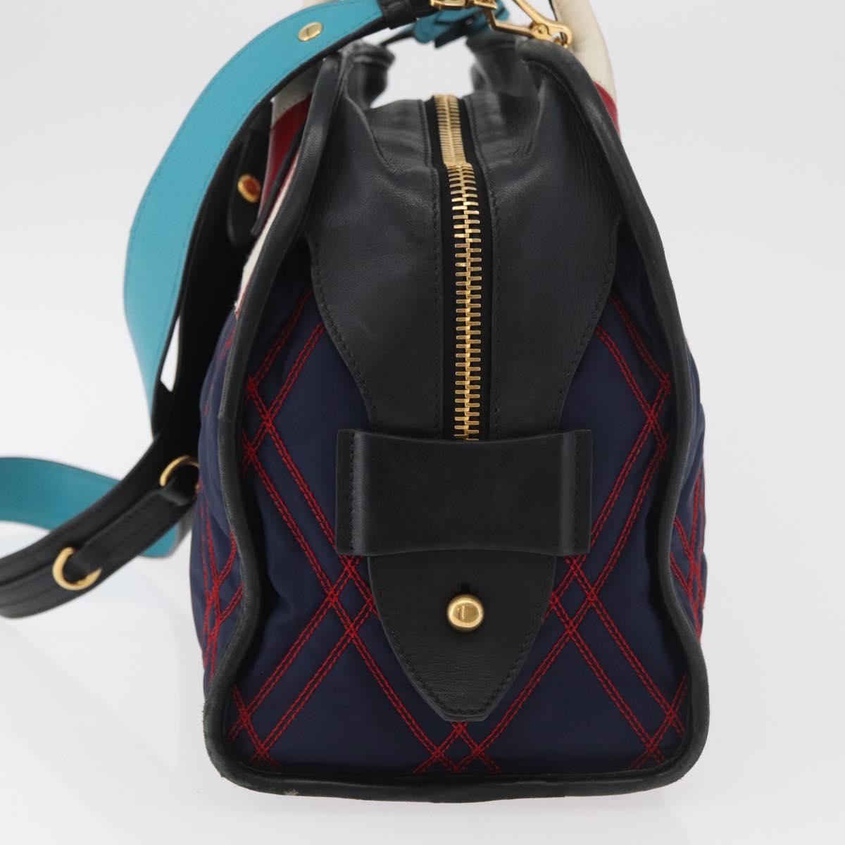 PRADA Graphic Quilt Hand Bag Leather Nylon 2way Navy Gold Auth 177317A