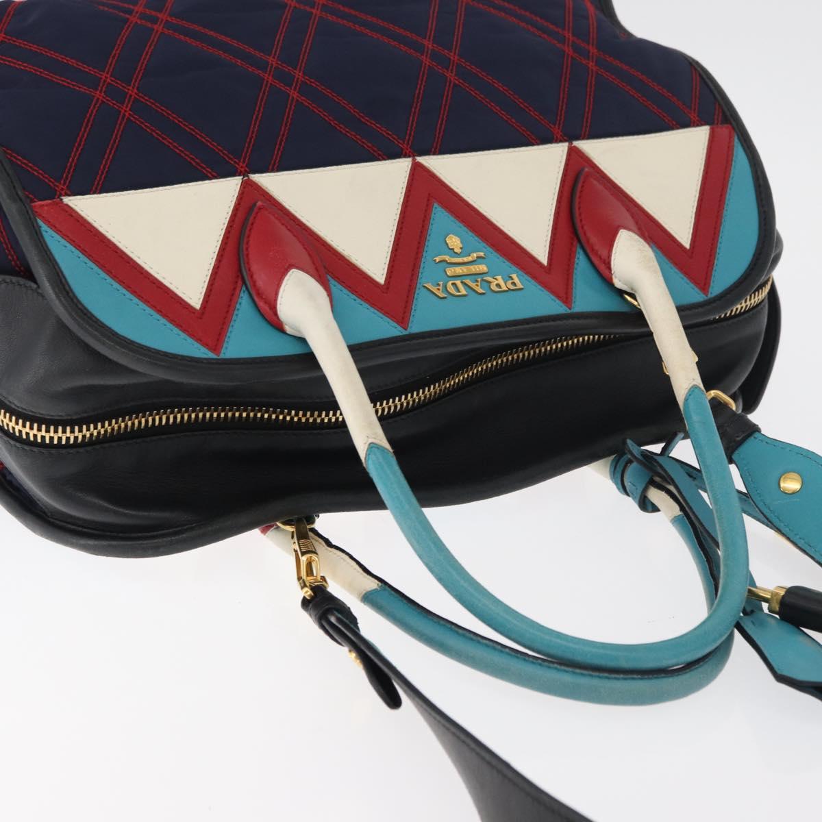 PRADA Graphic Quilt Hand Bag Leather Nylon 2way Navy Gold Auth 177317A