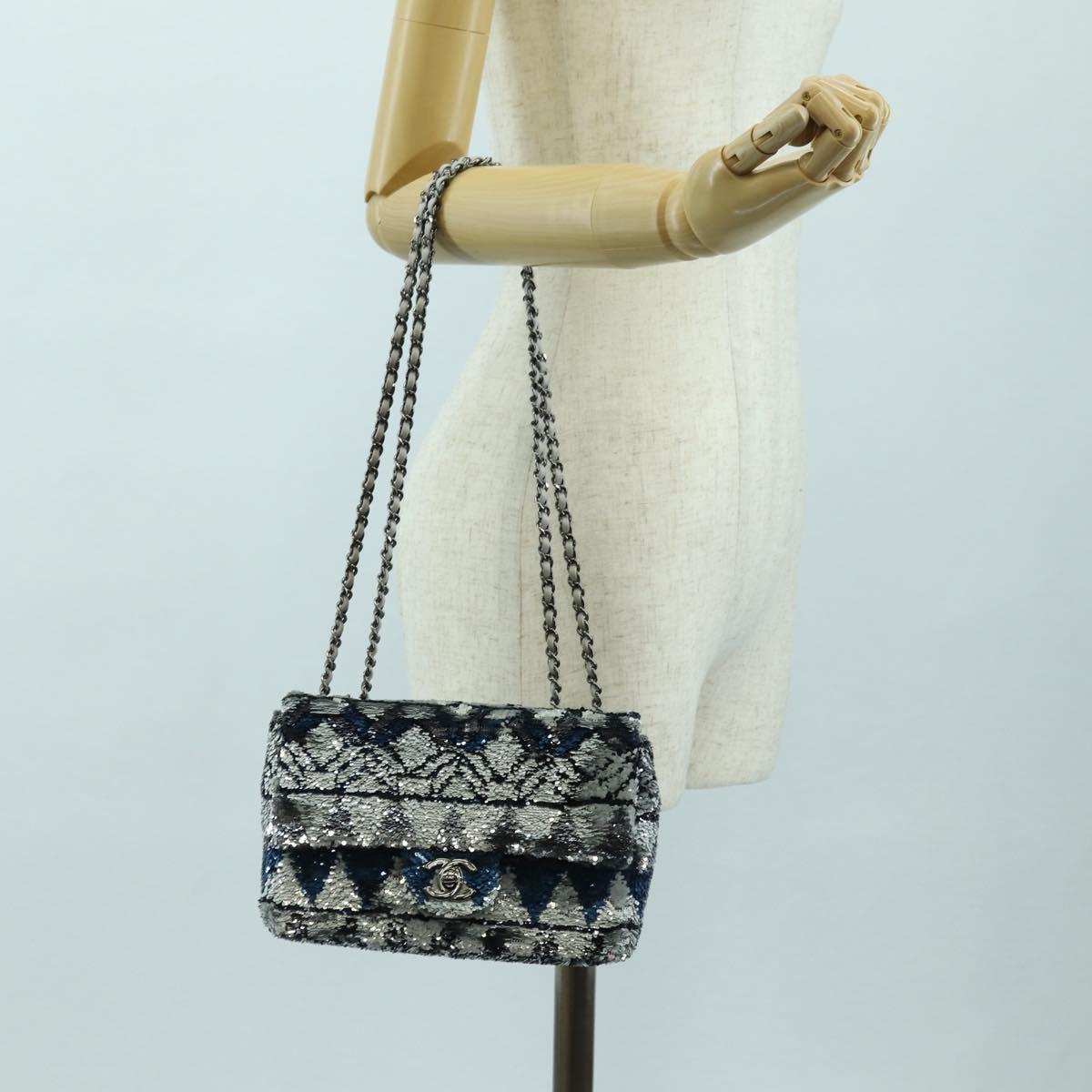 CHANEL Matelasse Chain Shoulder Bag Sequin Gray Silver CC Auth 177320SM