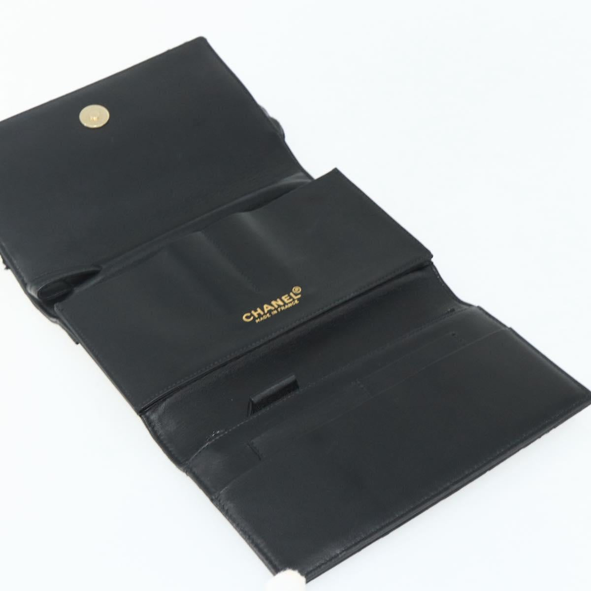 CHANEL Choco Bar Camelia Clutch Bag Lamb Skin Black Gold CC Auth 177325A