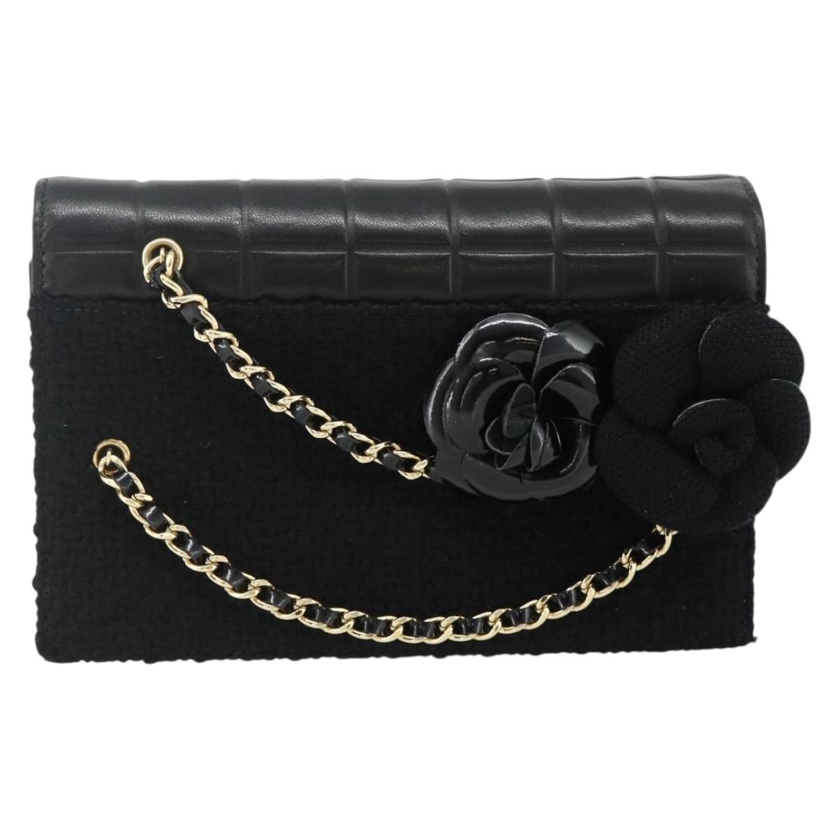 CHANEL Choco Bar Camelia Clutch Bag Lamb Skin Black Gold CC Auth 177325A