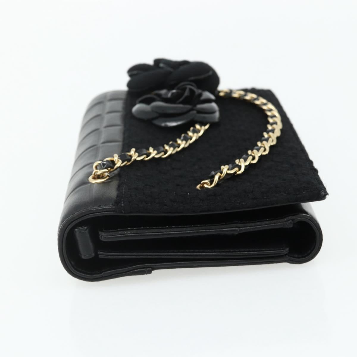 CHANEL Choco Bar Camelia Clutch Bag Lamb Skin Black Gold CC Auth 177325A