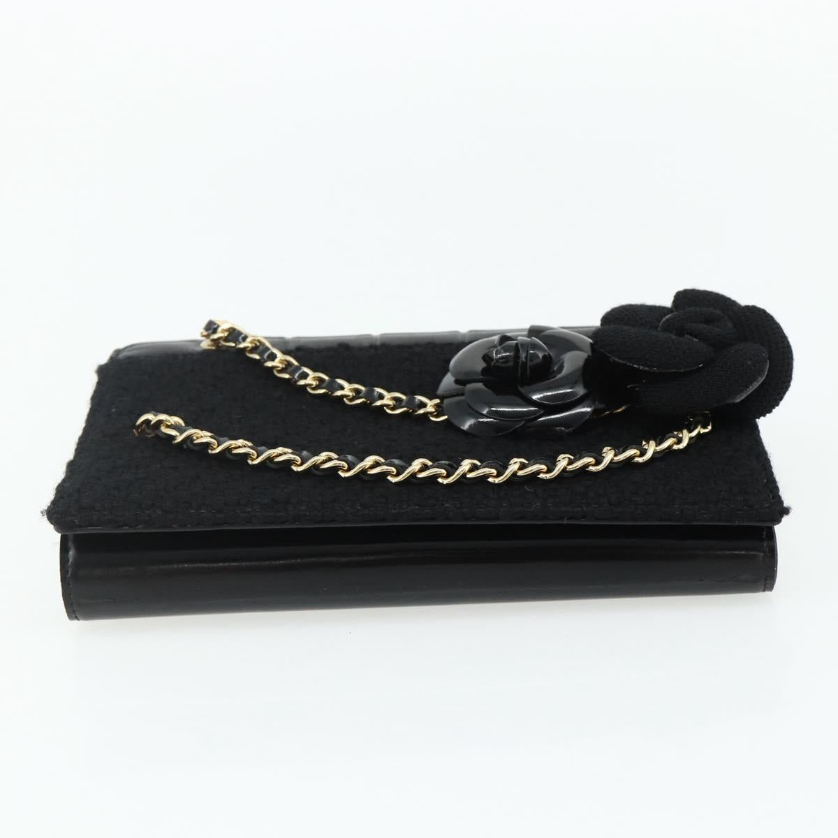 CHANEL Choco Bar Camelia Clutch Bag Lamb Skin Black Gold CC Auth 177325A