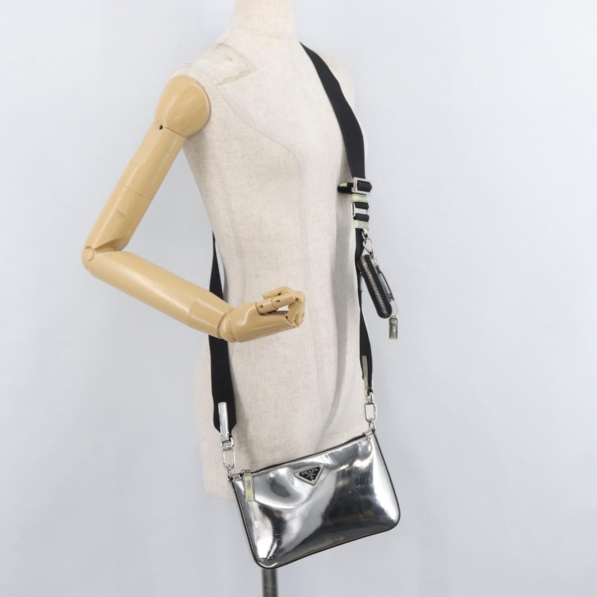 PRADA Shoulder Bag Patent leather Silver Auth 177333A