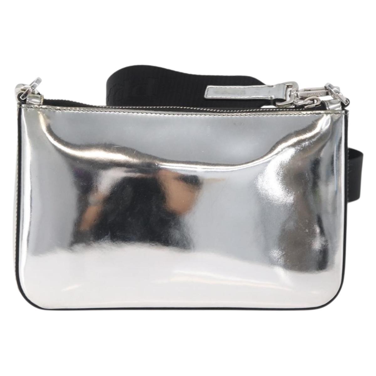 PRADA Shoulder Bag Patent leather Silver Auth 177333A