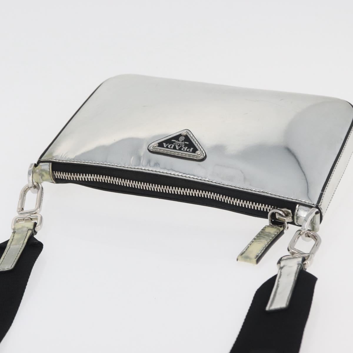 PRADA Shoulder Bag Patent leather Silver Auth 177333A