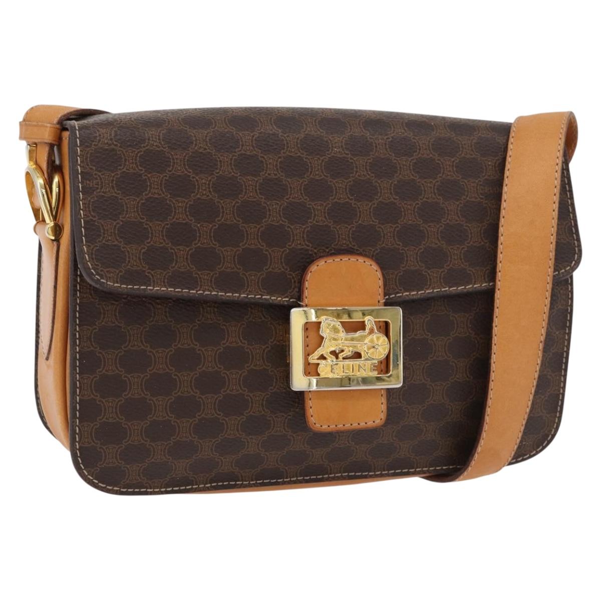CELINE Macadam Canvas Horse Carriage Bag PVC Leather Brown Gold Auth 177443A