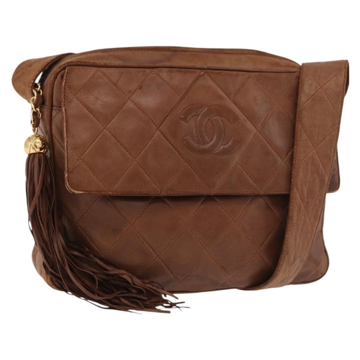 CHANEL Matelasse Chain Shoulder Bag Lamb Skin Brown Gold CC Auth 177452