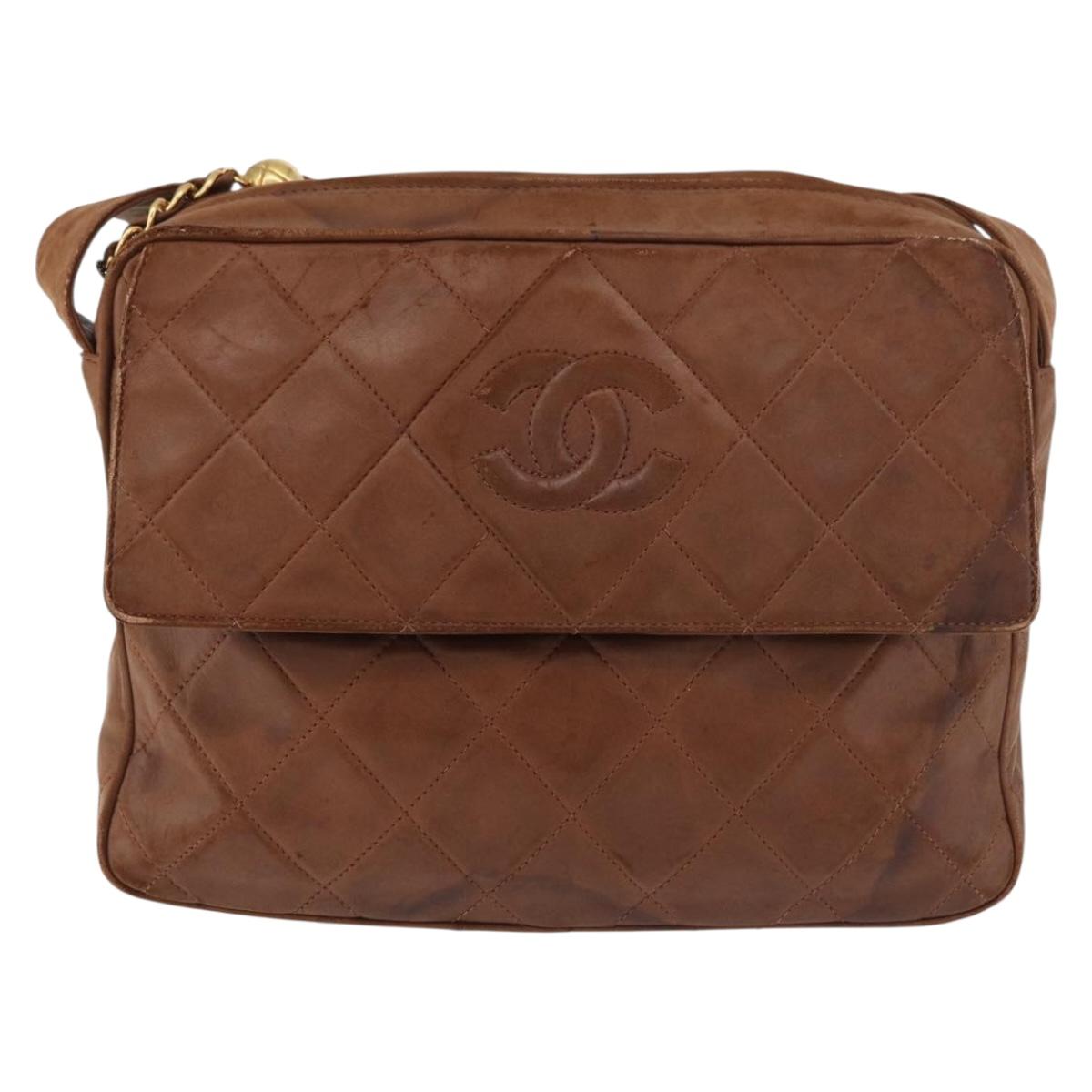 CHANEL Matelasse Chain Shoulder Bag Lamb Skin Brown Gold CC Auth 177452