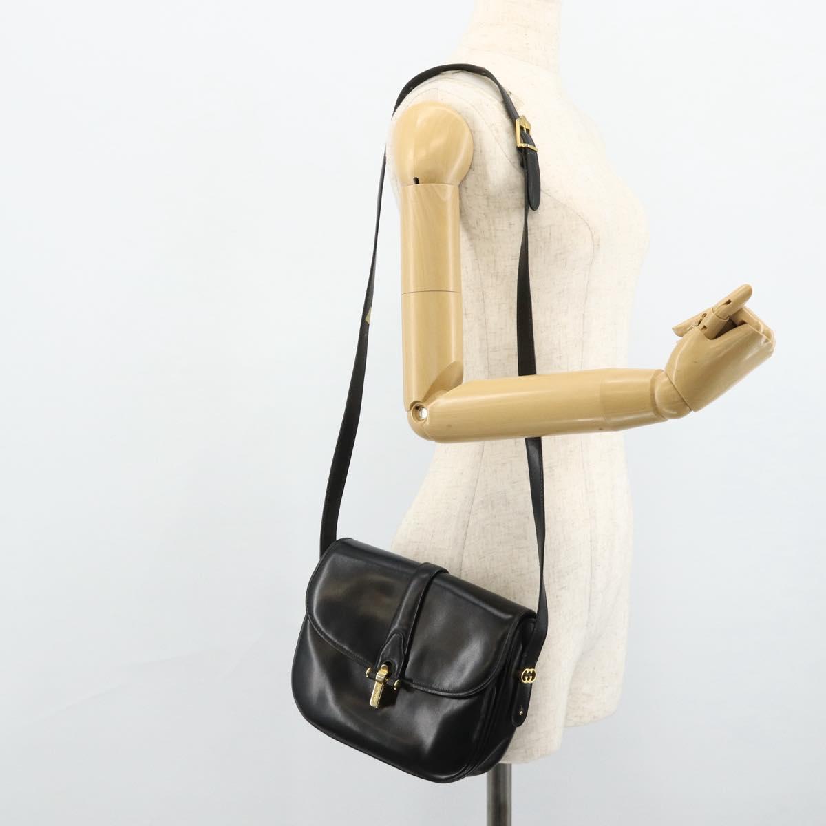 GUCCI Shoulder Bag Leather Black Gold Auth 177470