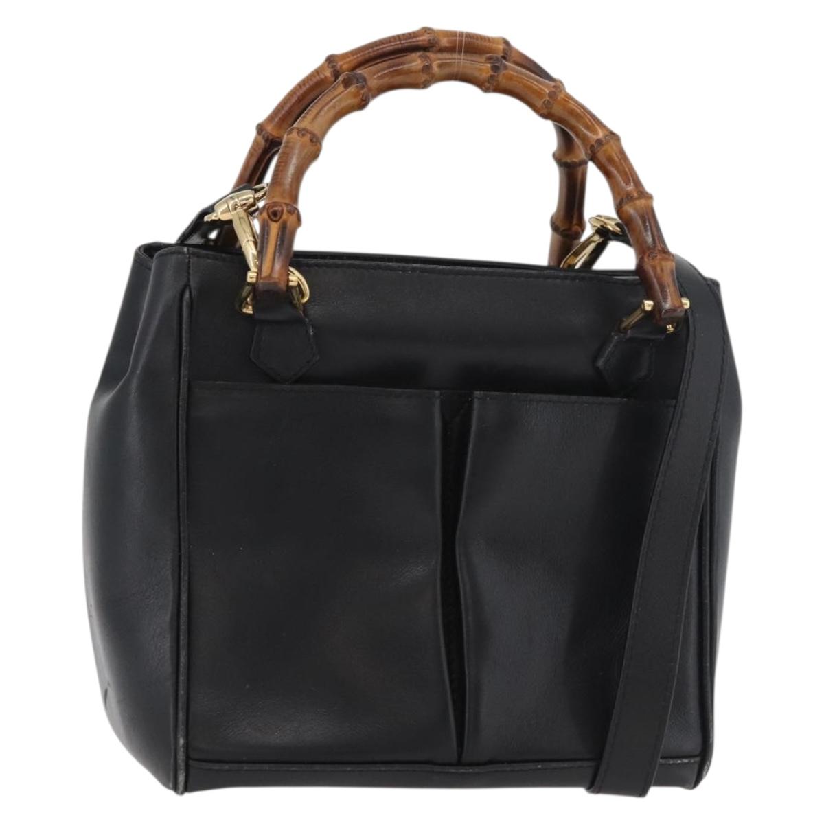 GUCCI Bamboo Hand Bag Leather 2way Black Gold Auth 177474
