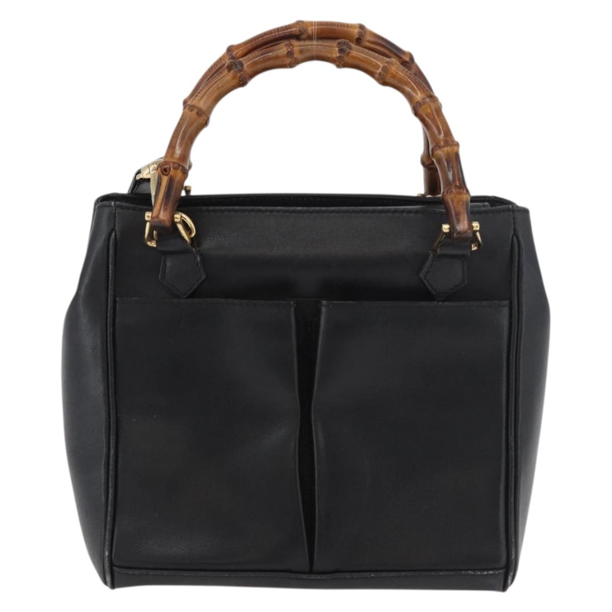 GUCCI Bamboo Hand Bag Leather 2way Black Gold Auth 177474
